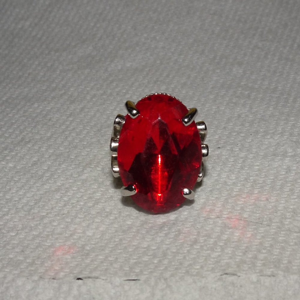 Red Rhinestone Silver Tone Adjustable Ring - image 1